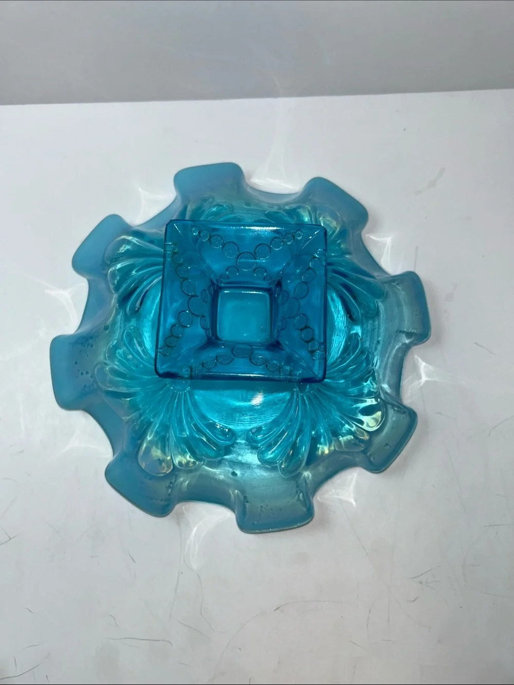 Jefferson Glass opalescent blue glass bowl ruffled edge intricate floral pattern